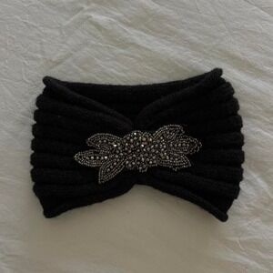 black ribbed knit ear warmer with beaded brooch statement headband